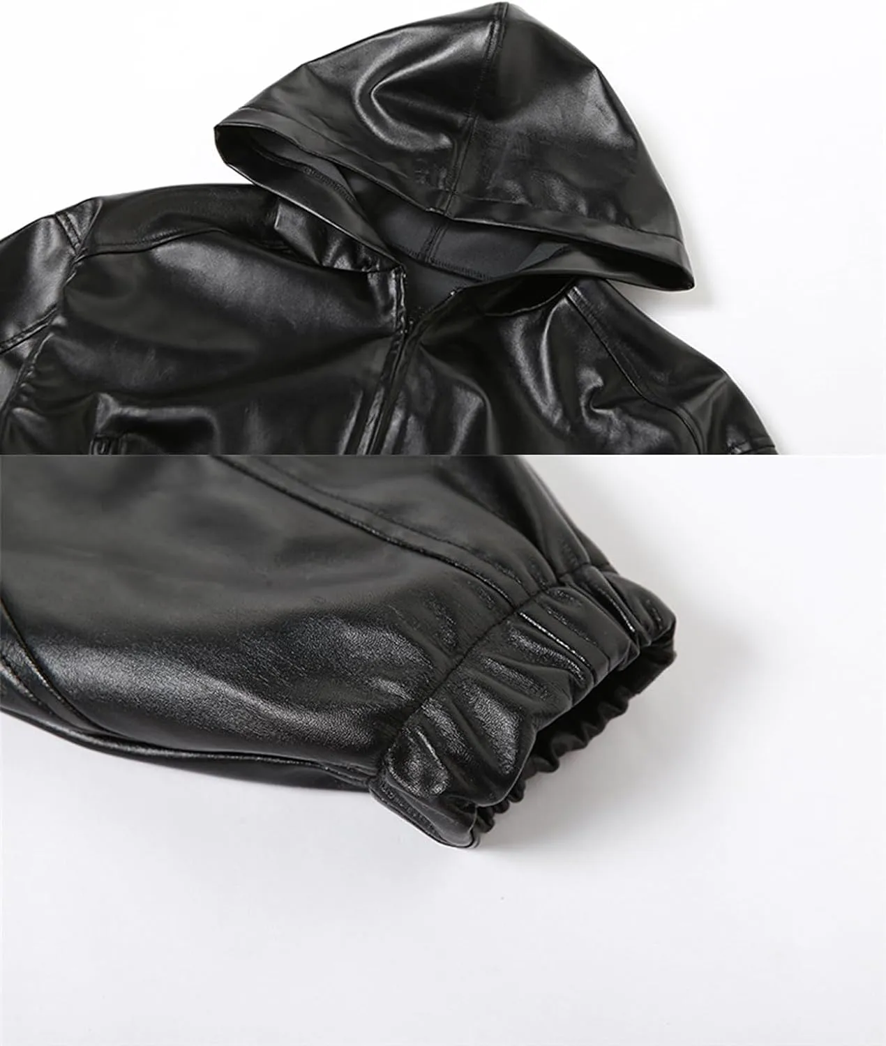 Perbai Women's Faux Leather Crop Jacket Zip Up Long Sleeve Motocycle Biker Hooded PU Coat