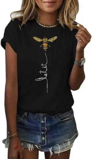 Pfvkeree Womens Cute Bee Graphic Tee Shirts Short Sleeve Let It Bee Funny Letter Print Summer T-Shirt Tops