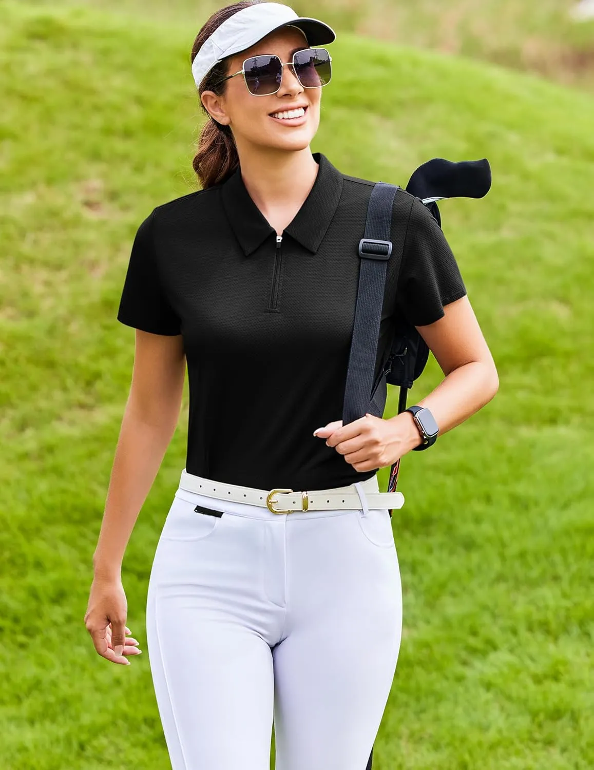PINSPARK Womens Golf Shirt Zip Up Polo UPF 50  Sun Protection Collared Shirts Quick Dry Short Sleeve Tennis Athletic Top