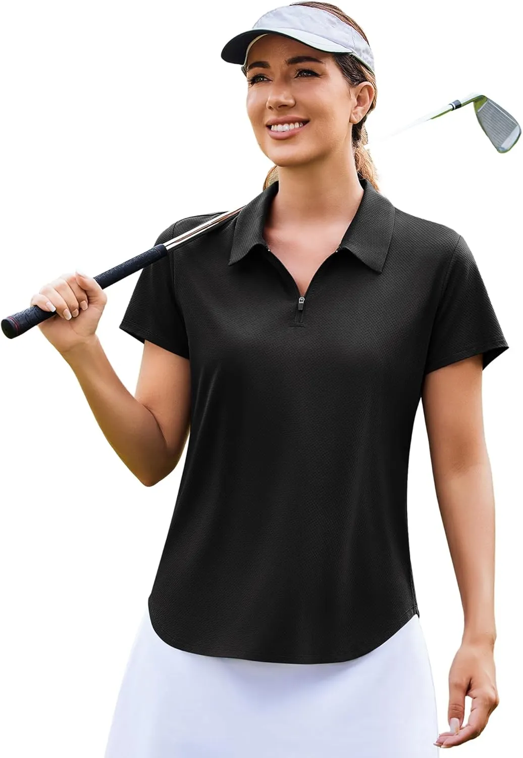PINSPARK Womens Golf Shirt Zip Up Polo UPF 50  Sun Protection Collared Shirts Quick Dry Short Sleeve Tennis Athletic Top