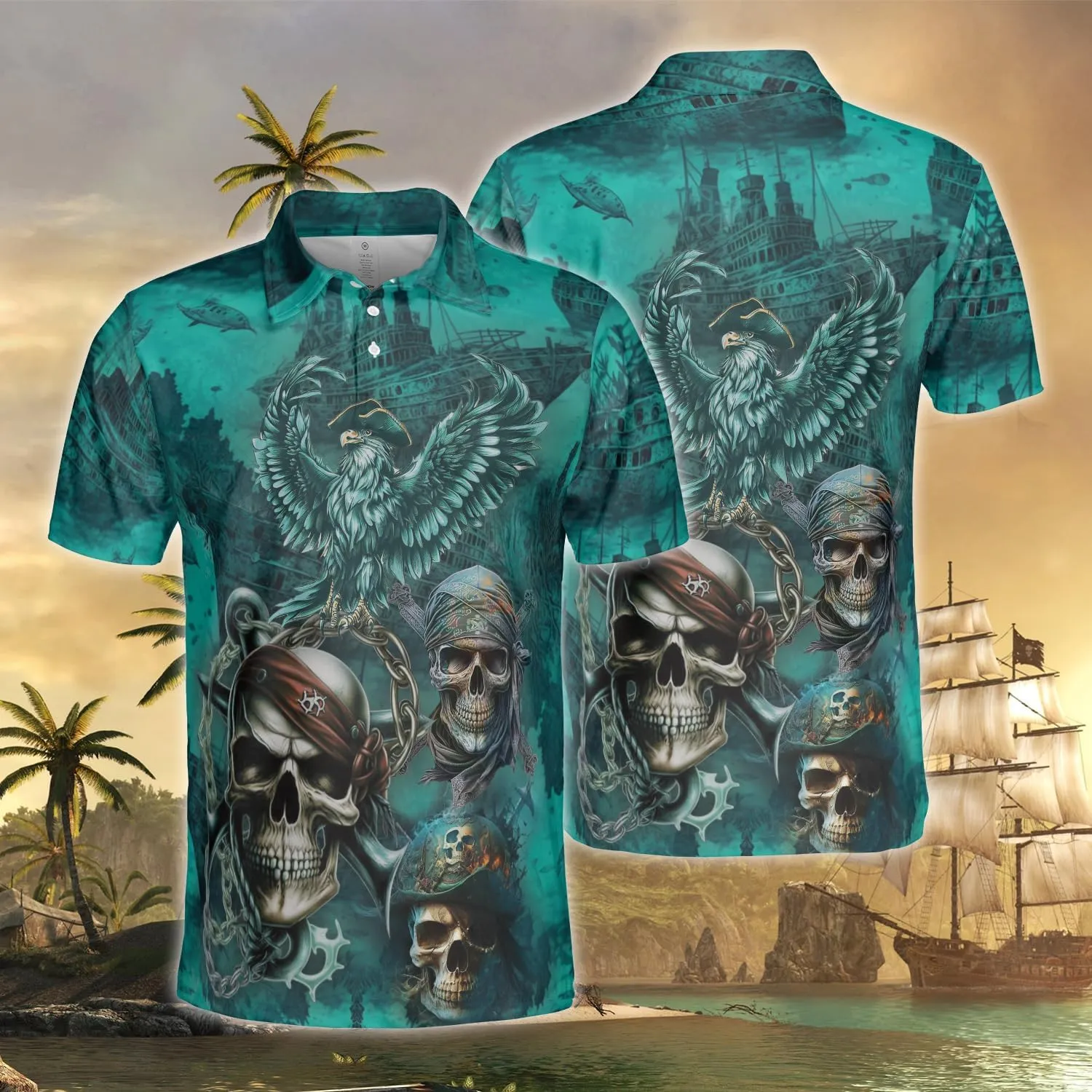 Pirate Polo Shirts for Men - Pirate Lover Stylish Mens Goft Shirt Casual Short Sleeve Button Down Outfit Set 67