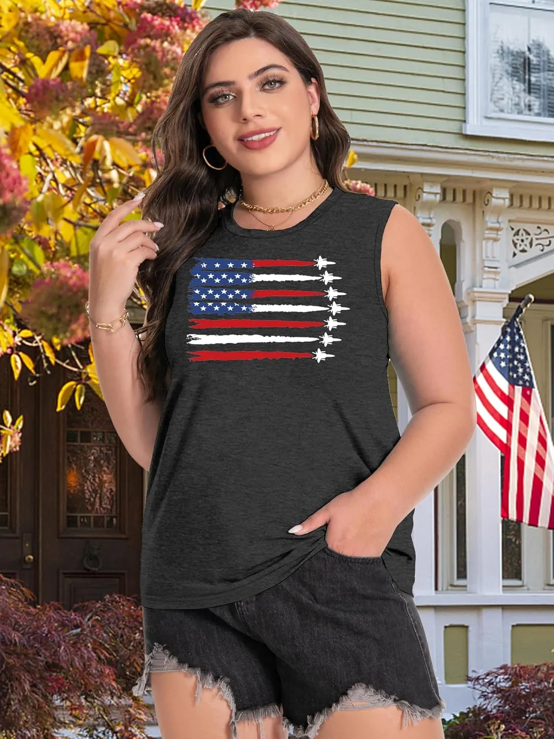 Plus Size American Flag Tank: Women 4th of July Tank Tshirt Patriotic T Shirt USA Sleeveless Tops