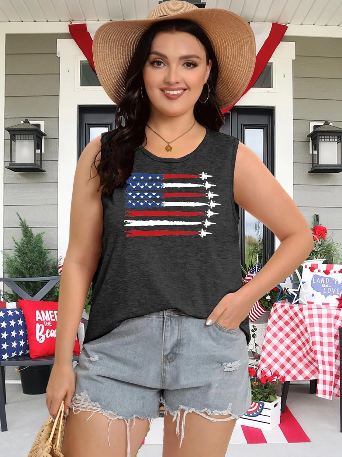 Plus Size American Flag Tank: Women 4th of July Tank Tshirt Patriotic T Shirt USA Sleeveless Tops