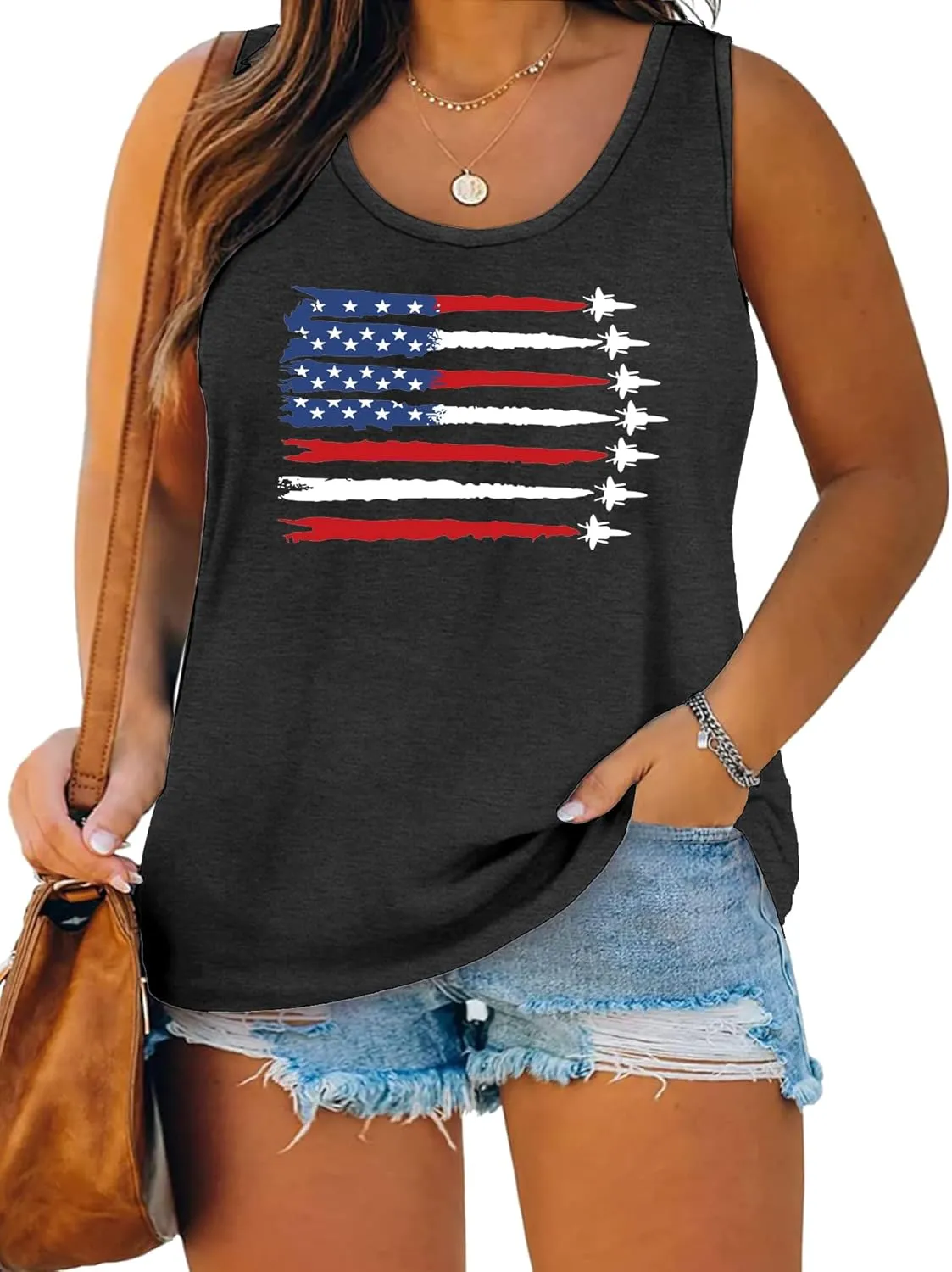 Plus Size American Flag Tank: Women 4th of July Tank Tshirt Patriotic T Shirt USA Sleeveless Tops