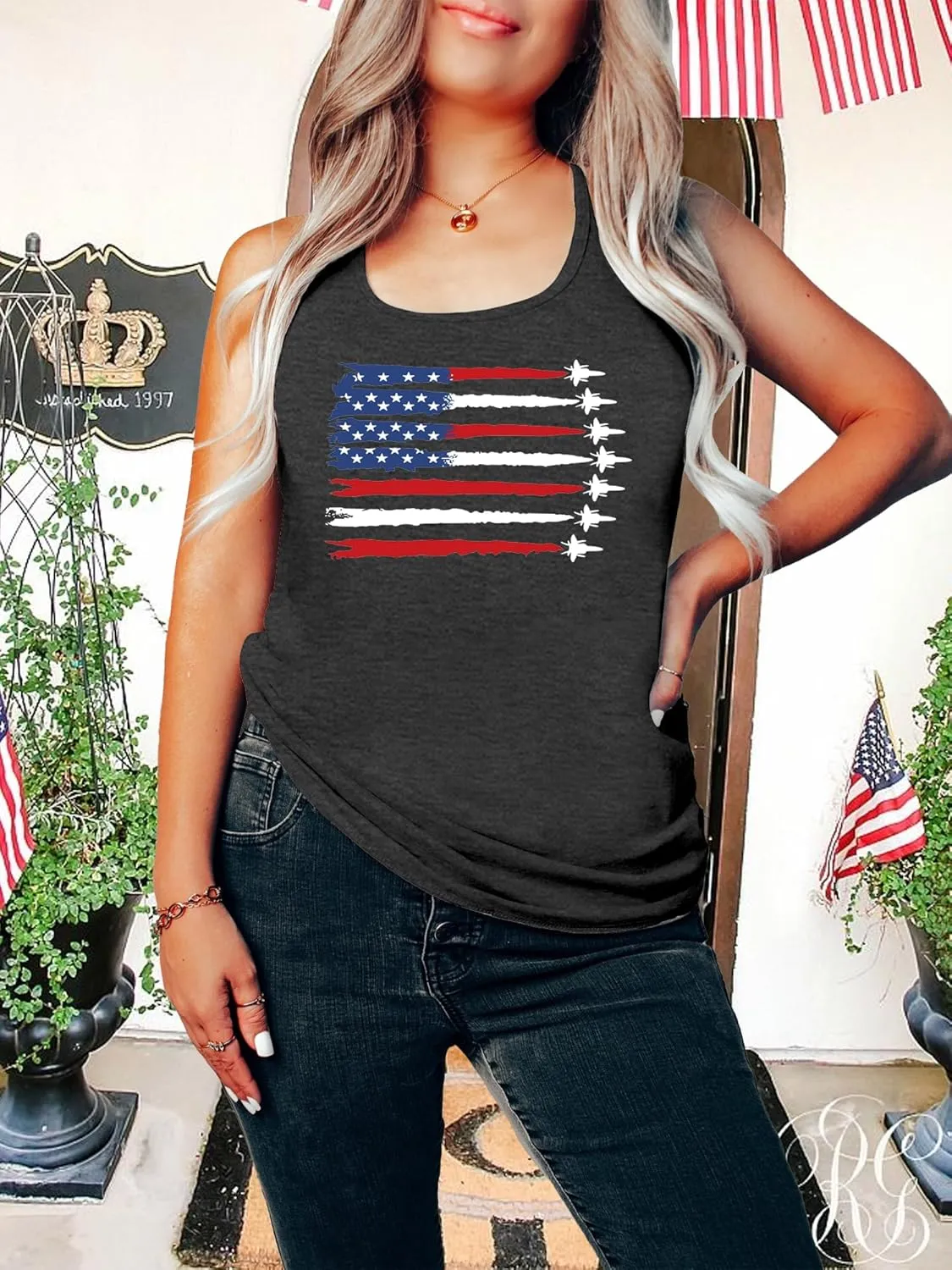 Plus Size American Flag Tank: Women 4th of July Tank Tshirt Patriotic T Shirt USA Sleeveless Tops