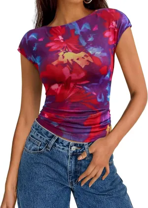 PRETTYGARDEN Women's Summer Floral Mesh Tank Tops 2025 Trendy Casual Cap Sleeve Slim Fitted Blouse Shirt Going Out Outfits