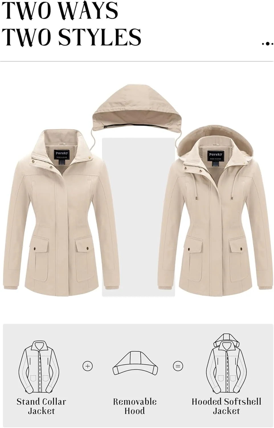 Pursky Women's Cotton Anorak Jacket Lightweight Casual Military Jackets Safari Utility Coats With Removable Hood