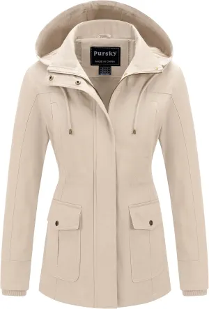 Pursky Women's Cotton Anorak Jacket Lightweight Casual Military Jackets Safari Utility Coats With Removable Hood