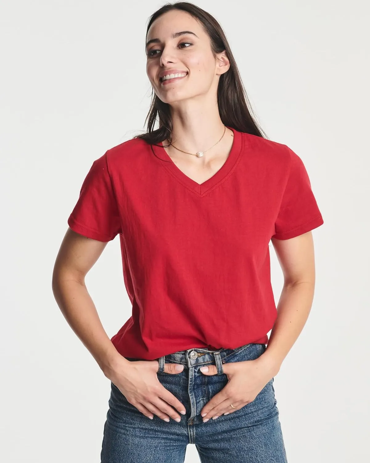 Real Essentials 4 Pack: Women's Classic-Fit Cotton Short-Sleeve V-Neck T-Shirt (Available in Plus Size)