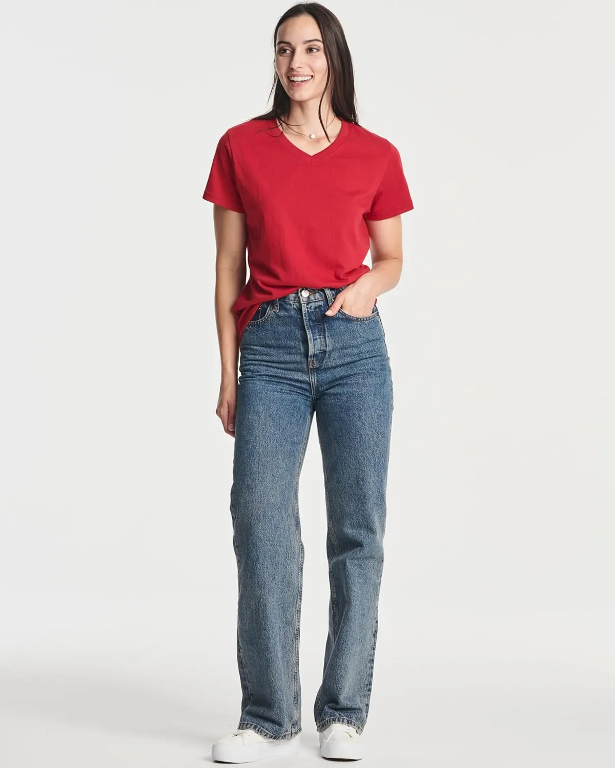 Real Essentials 4 Pack: Women's Classic-Fit Cotton Short-Sleeve V-Neck T-Shirt (Available in Plus Size)