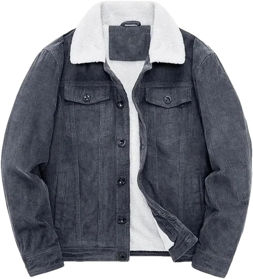 REHJJDFD Male Cotton Jackets Padded Warm Loose Parka Coat Corduroy Short Jacket Man Solid Zip Windbreaker Men's Fleece Jacket
