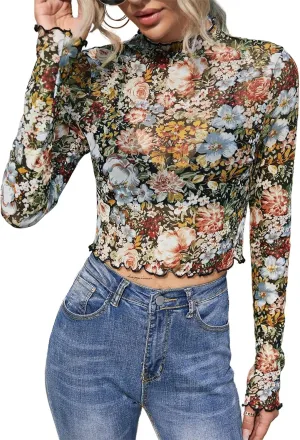 Remidoo Women's Mesh Top Tie Dye Sexy Sheer Long Sleeve Crop Tops Shirt