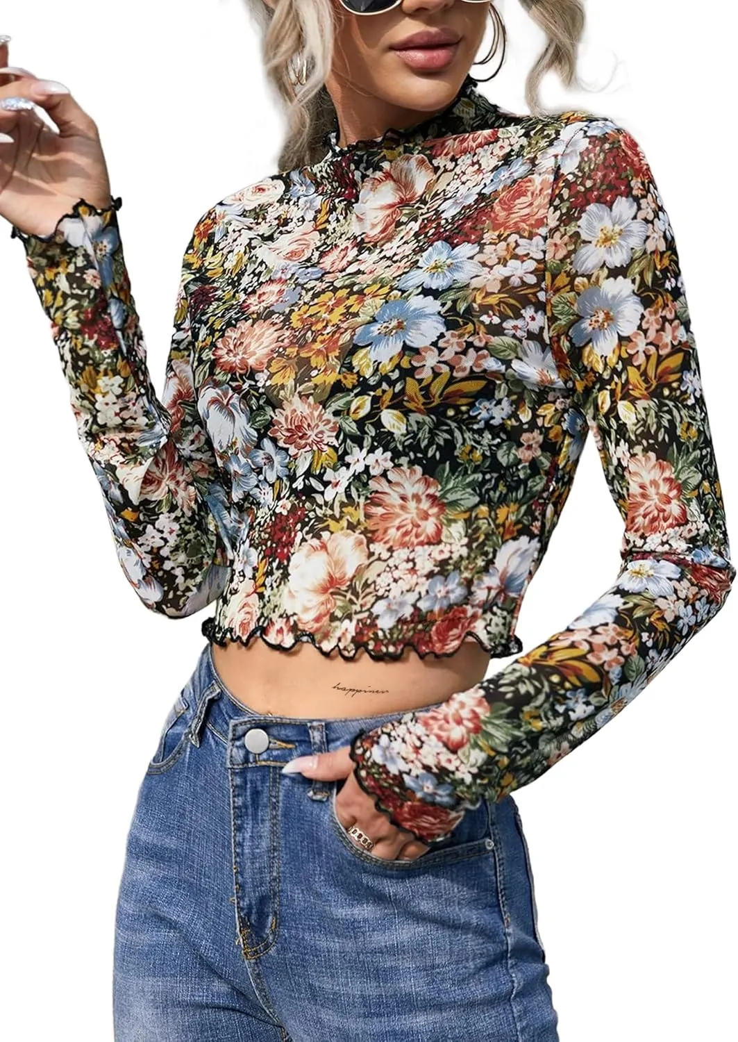 Remidoo Women's Mesh Top Tie Dye Sexy Sheer Long Sleeve Crop Tops Shirt