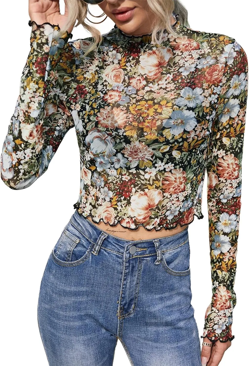 Remidoo Women's Mesh Top Tie Dye Sexy Sheer Long Sleeve Crop Tops Shirt