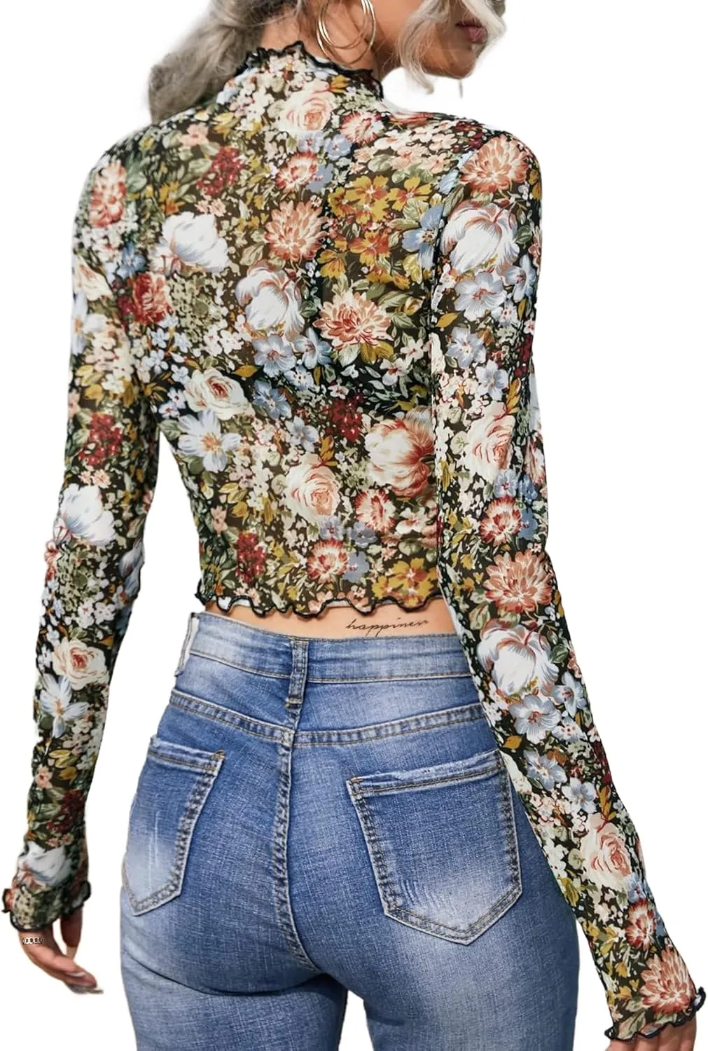 Remidoo Women's Mesh Top Tie Dye Sexy Sheer Long Sleeve Crop Tops Shirt
