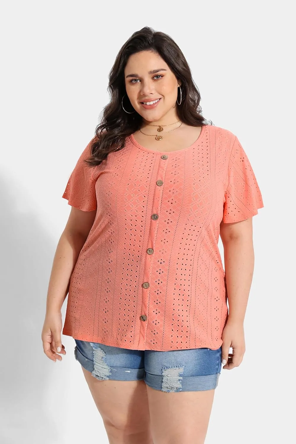 RITERA Plus Size Tops for Women Crewneck Neck with Button Up Short Sleeve Embroidery Henley Tshirt Casual Basic Shirt XL-5XL