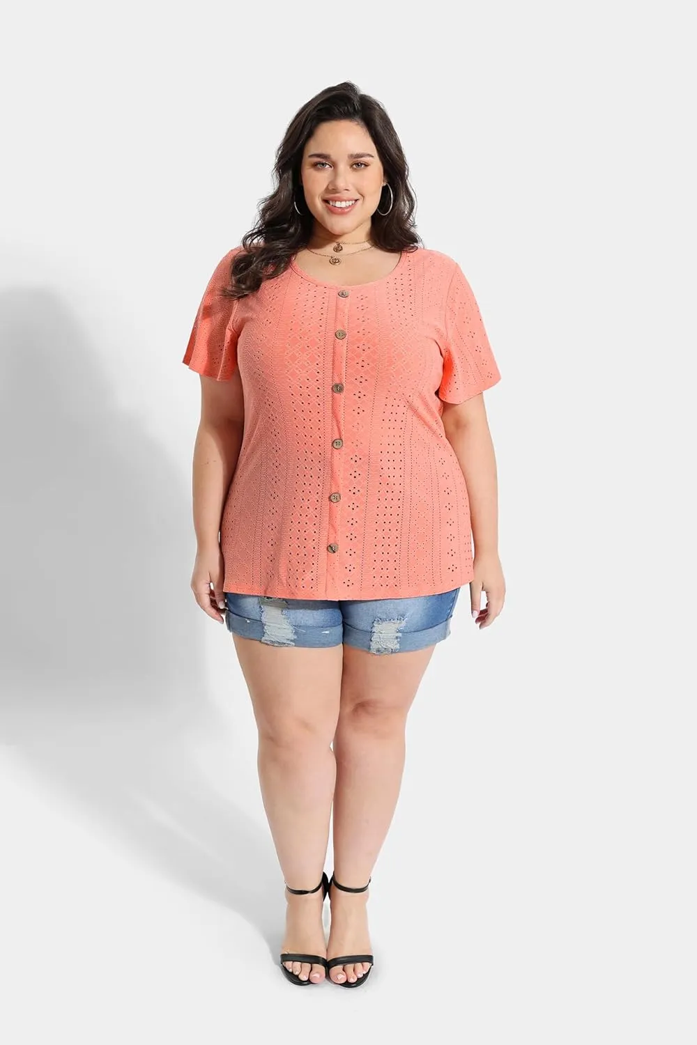 RITERA Plus Size Tops for Women Crewneck Neck with Button Up Short Sleeve Embroidery Henley Tshirt Casual Basic Shirt XL-5XL