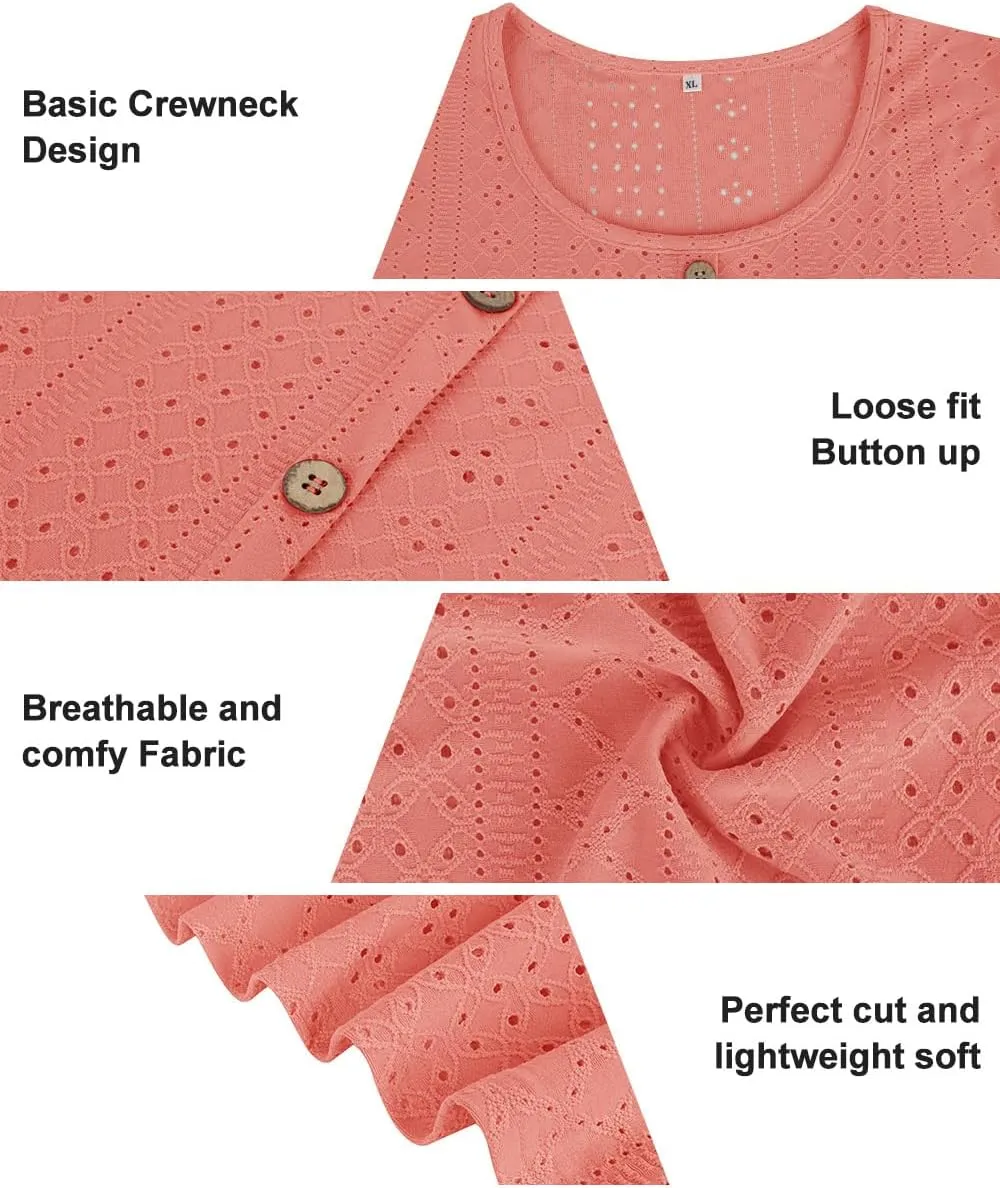 RITERA Plus Size Tops for Women Crewneck Neck with Button Up Short Sleeve Embroidery Henley Tshirt Casual Basic Shirt XL-5XL