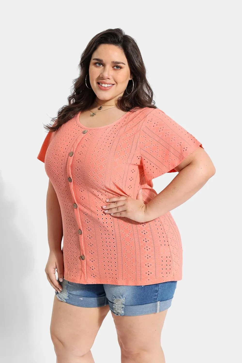 RITERA Plus Size Tops for Women Crewneck Neck with Button Up Short Sleeve Embroidery Henley Tshirt Casual Basic Shirt XL-5XL