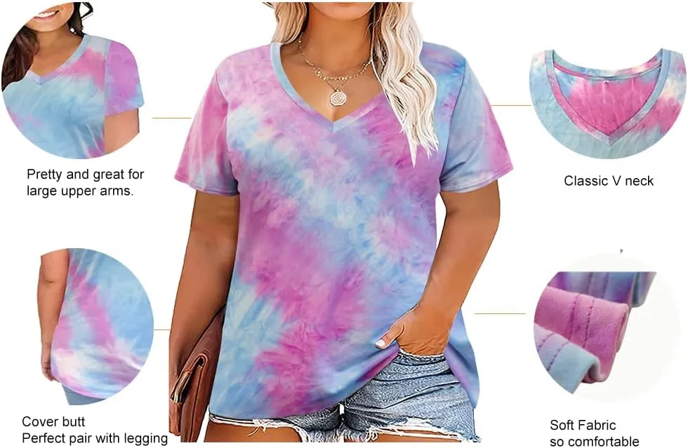RITERA Women Plus Size Tops Tie Dye V Neck Shirt Floral Camo Summer Short Sleeve Tunic Oversized Ladies Blouse XL-5XL