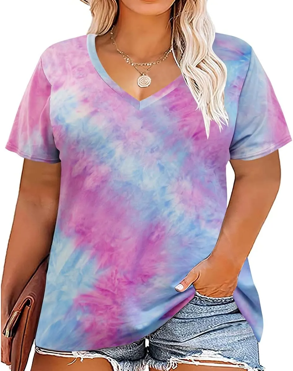 RITERA Women Plus Size Tops Tie Dye V Neck Shirt Floral Camo Summer Short Sleeve Tunic Oversized Ladies Blouse XL-5XL