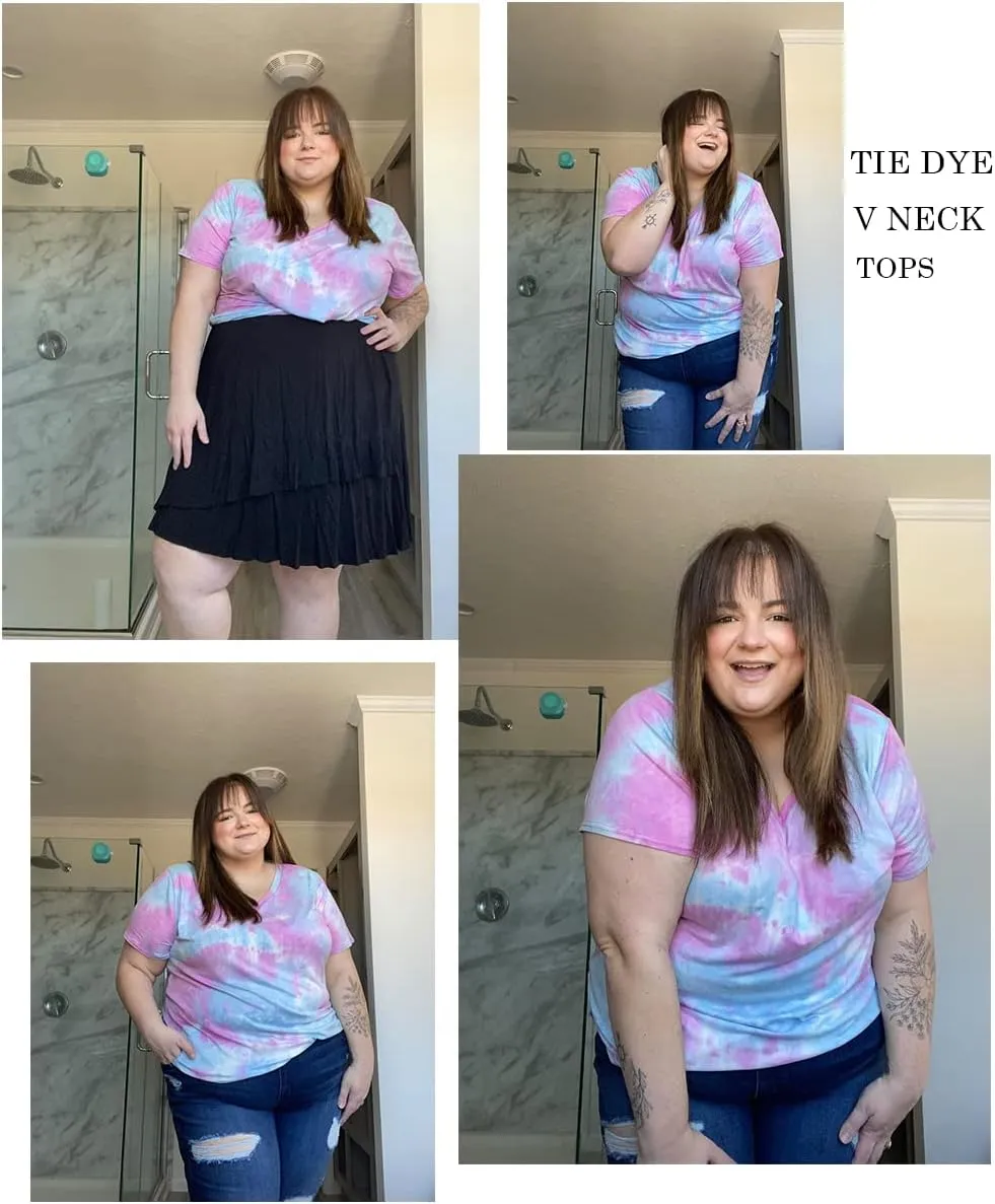 RITERA Women Plus Size Tops Tie Dye V Neck Shirt Floral Camo Summer Short Sleeve Tunic Oversized Ladies Blouse XL-5XL