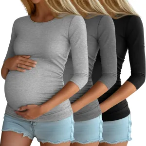 Riyiper 3 Pack Women's Maternity Shirts, 3/4 Sleeve Crew Neck Pregnancy Tee Tops Side Ruched Casual Tunic Pregnant T Shirts