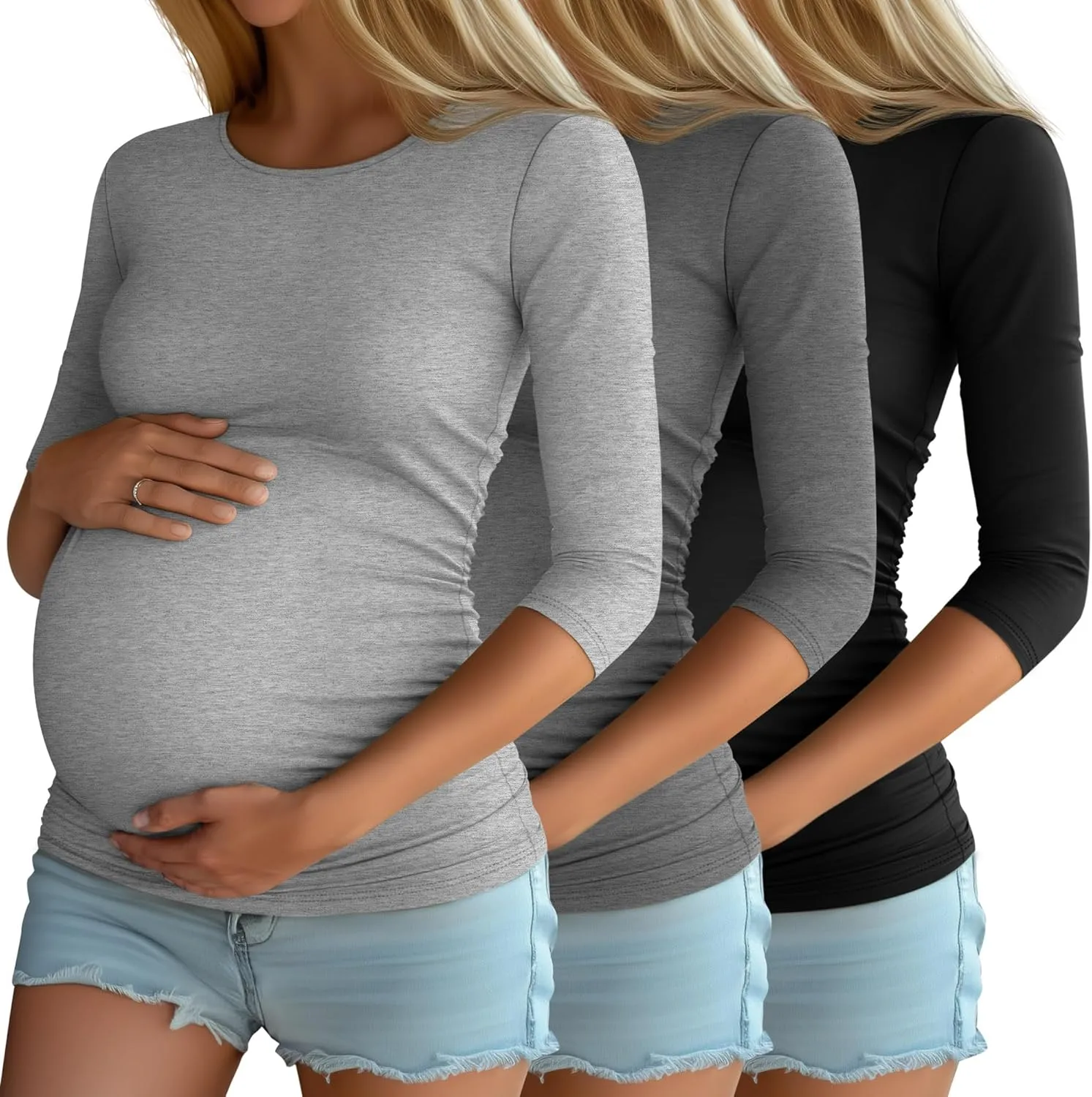 Riyiper 3 Pack Women's Maternity Shirts, 3/4 Sleeve Crew Neck Pregnancy Tee Tops Side Ruched Casual Tunic Pregnant T Shirts