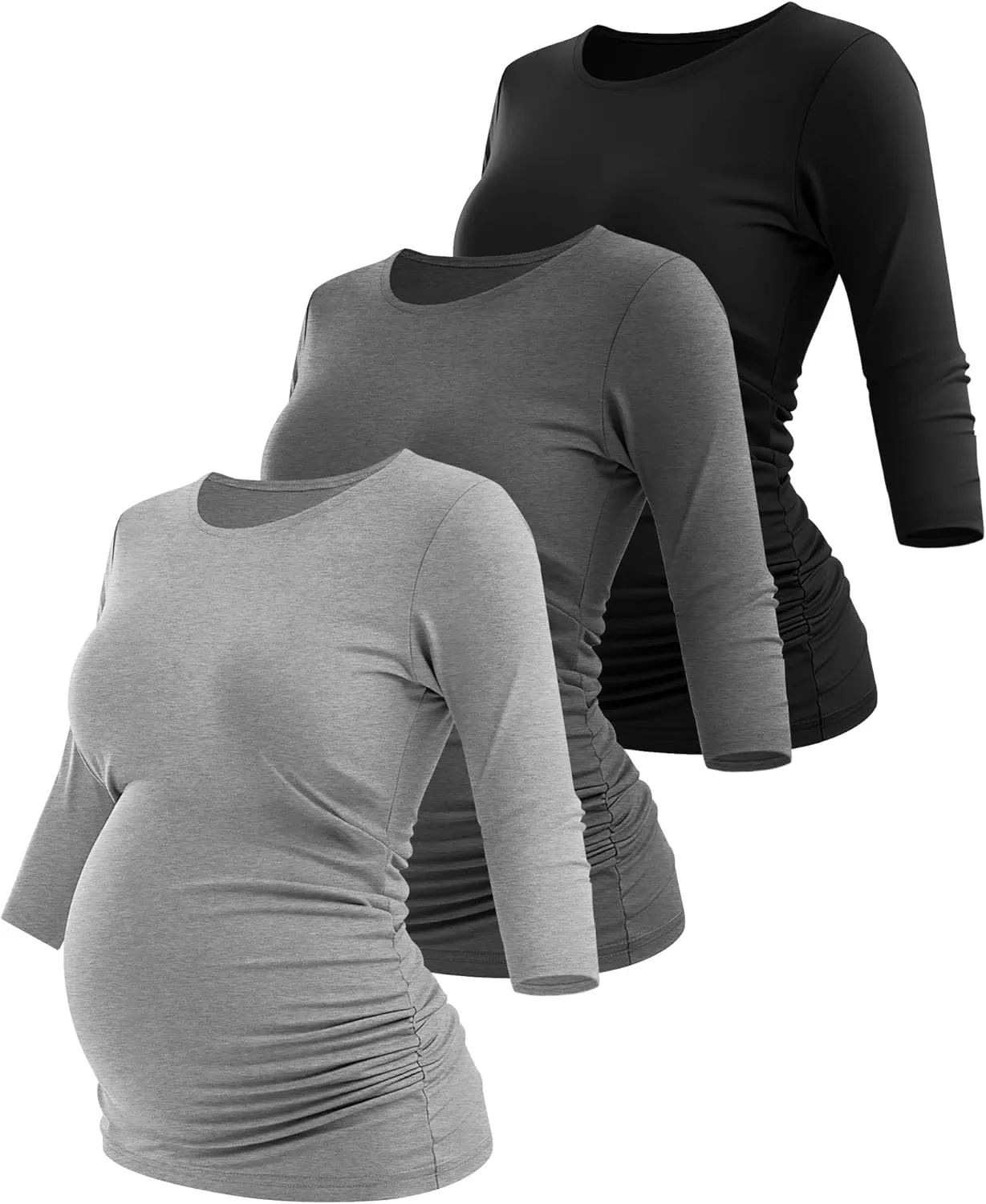 Riyiper 3 Pack Women's Maternity Shirts, 3/4 Sleeve Crew Neck Pregnancy Tee Tops Side Ruched Casual Tunic Pregnant T Shirts