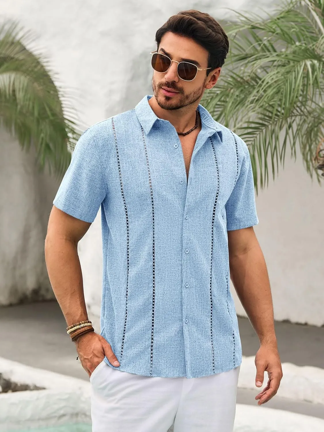 Runcati Mens Cuban Guayabera Shirts Short Sleeve Button Down Linen Shirt Mexican Casual Beach Summer Tops