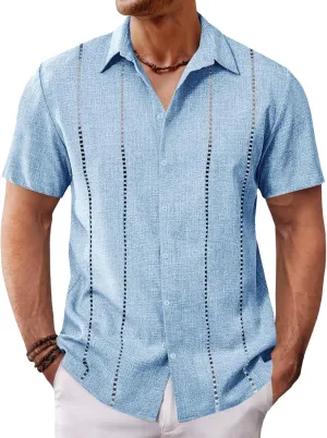 Runcati Mens Cuban Guayabera Shirts Short Sleeve Button Down Linen Shirt Mexican Casual Beach Summer Tops