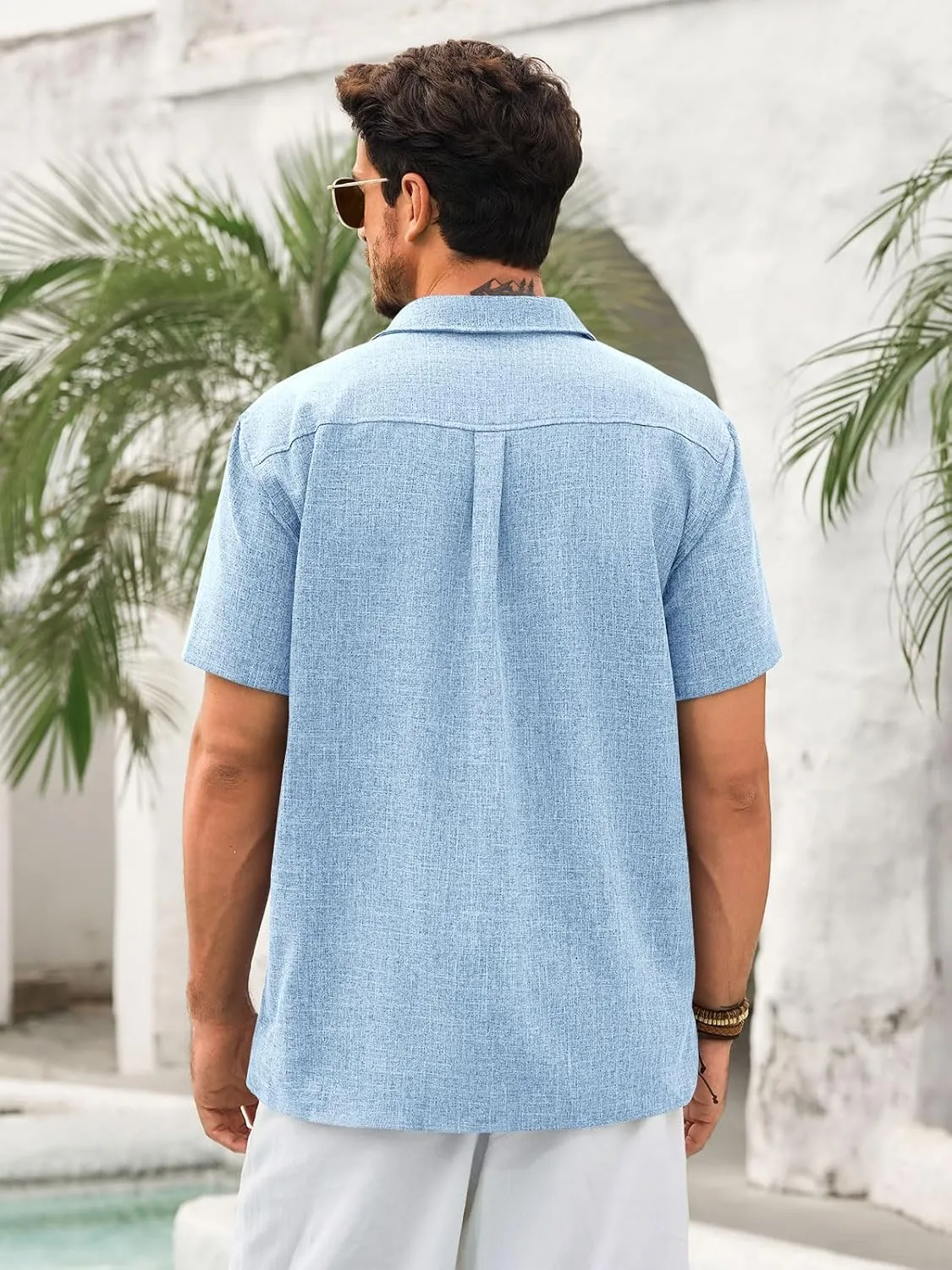 Runcati Mens Cuban Guayabera Shirts Short Sleeve Button Down Linen Shirt Mexican Casual Beach Summer Tops