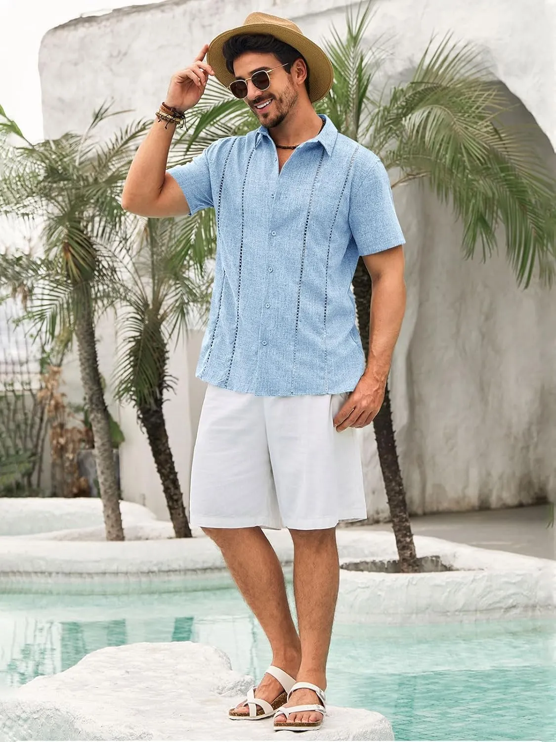 Runcati Mens Cuban Guayabera Shirts Short Sleeve Button Down Linen Shirt Mexican Casual Beach Summer Tops