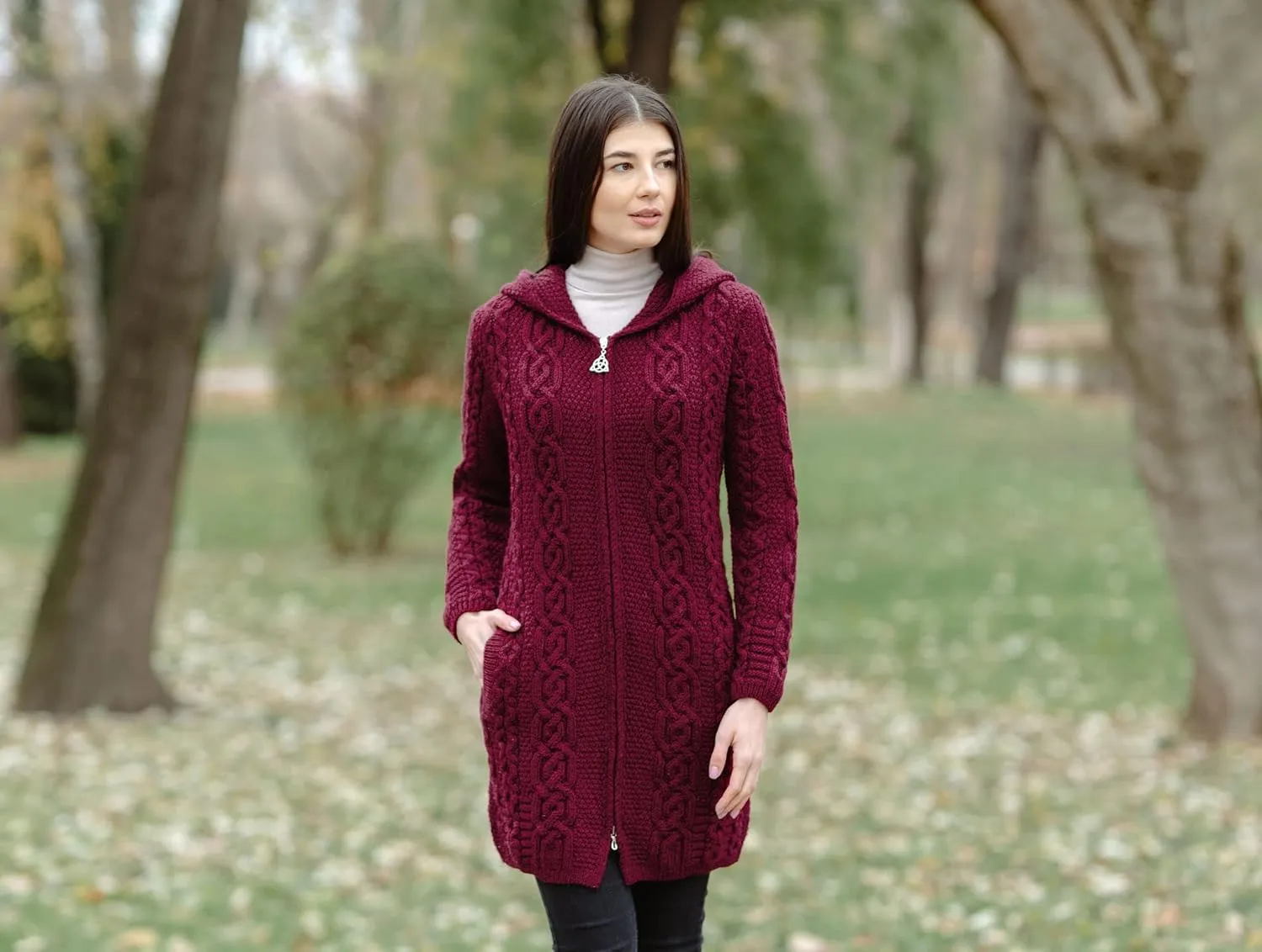 SAOL 100% Merino Wool Aran Irish Cardigan for Women with Pockets, Hood and Celtic Zipper