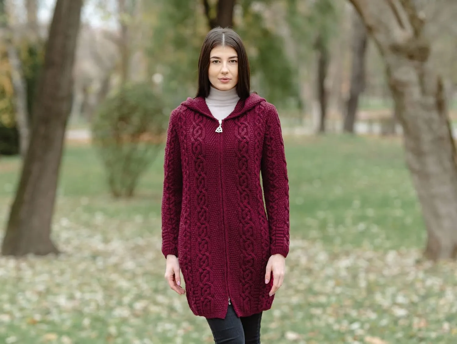 SAOL 100% Merino Wool Aran Irish Cardigan for Women with Pockets, Hood and Celtic Zipper