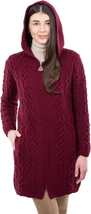 SAOL 100% Merino Wool Aran Irish Cardigan for Women with Pockets, Hood and Celtic Zipper