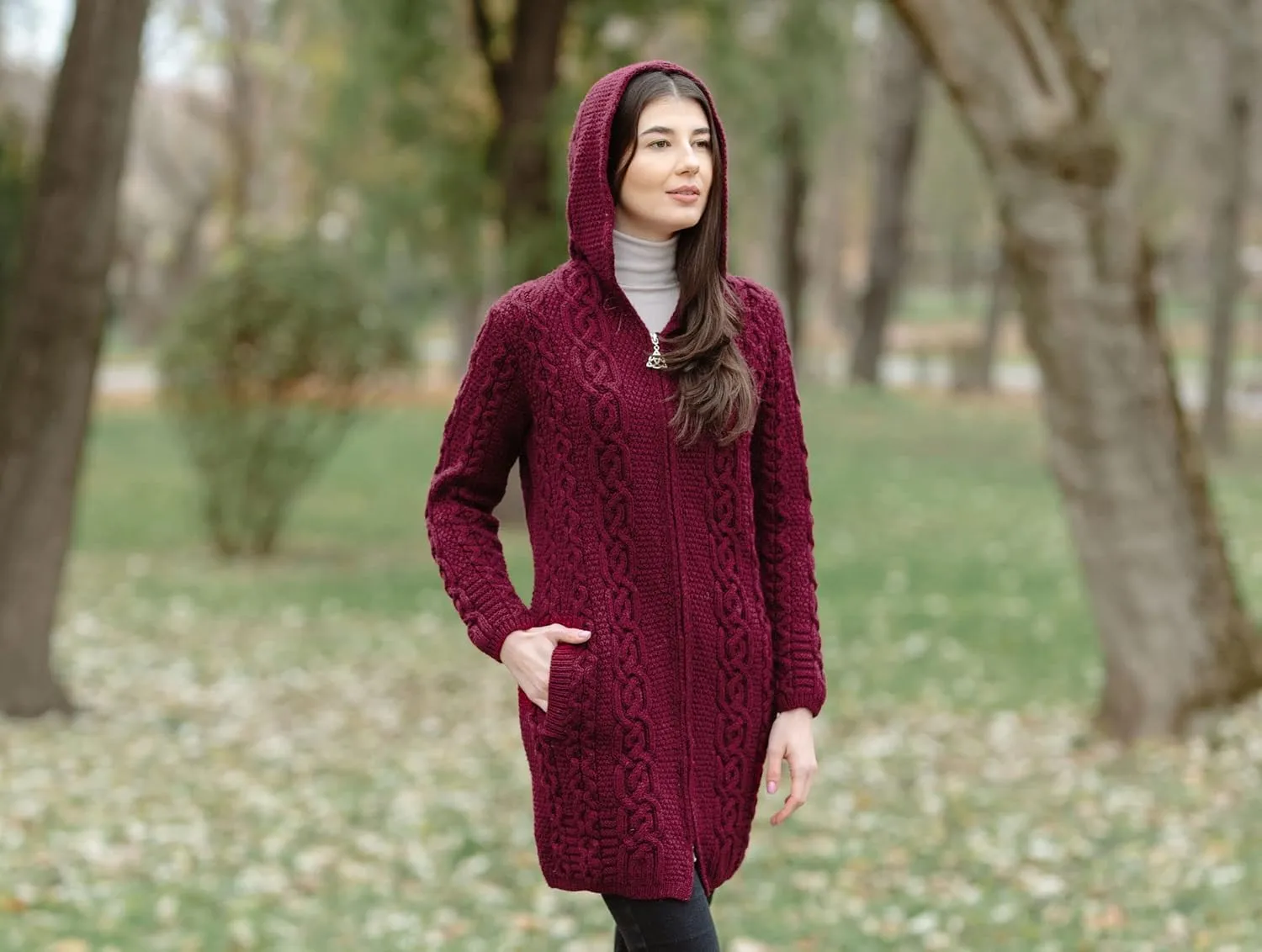 SAOL 100% Merino Wool Aran Irish Cardigan for Women with Pockets, Hood and Celtic Zipper
