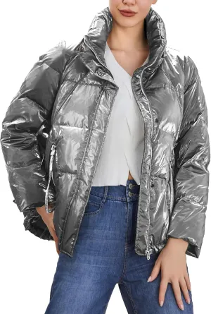 SDEER Women Zip Puffer Jacket Stand Collar Shiny Warm Winter Coat Down Jacket Lined Parka