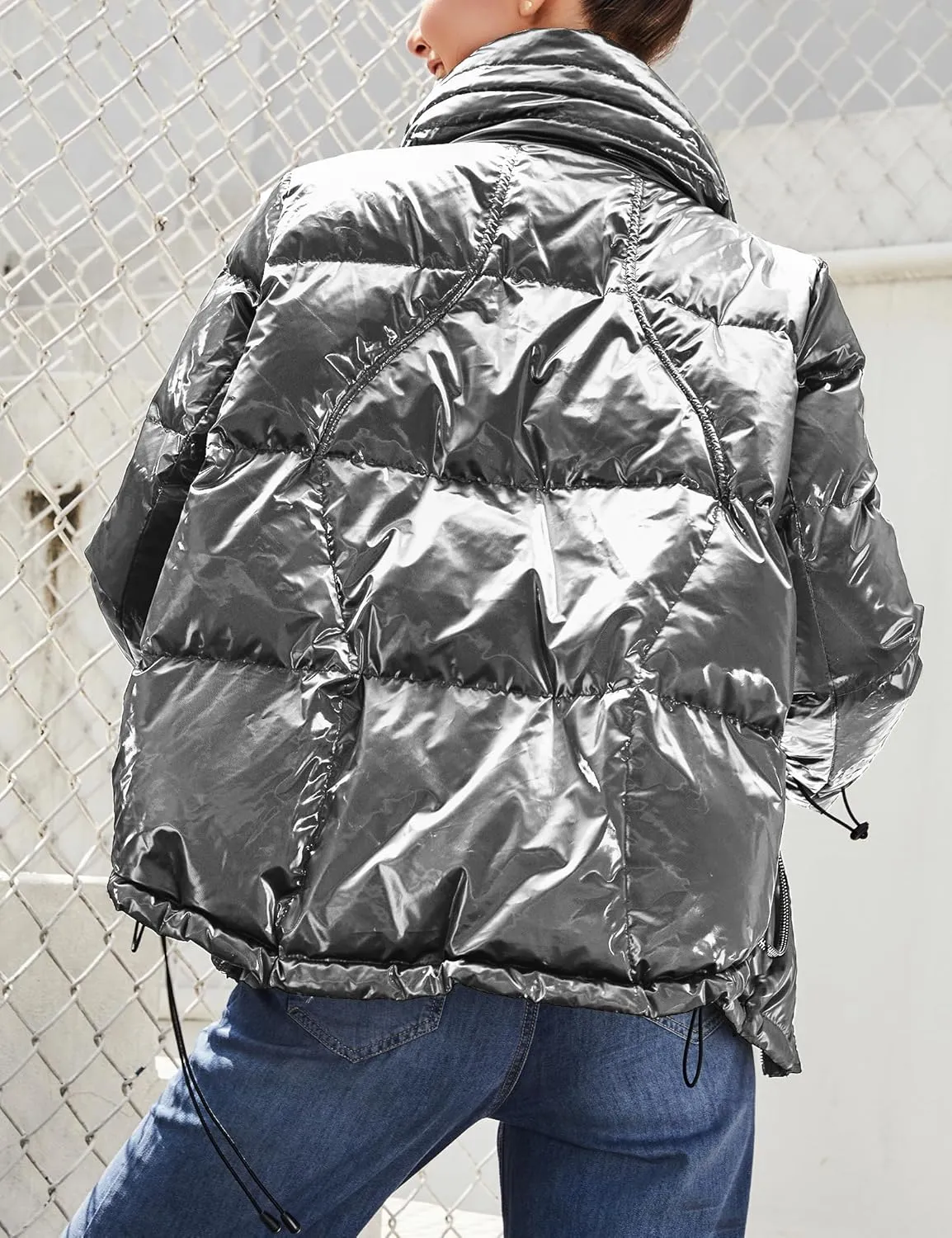 SDEER Women Zip Puffer Jacket Stand Collar Shiny Warm Winter Coat Down Jacket Lined Parka