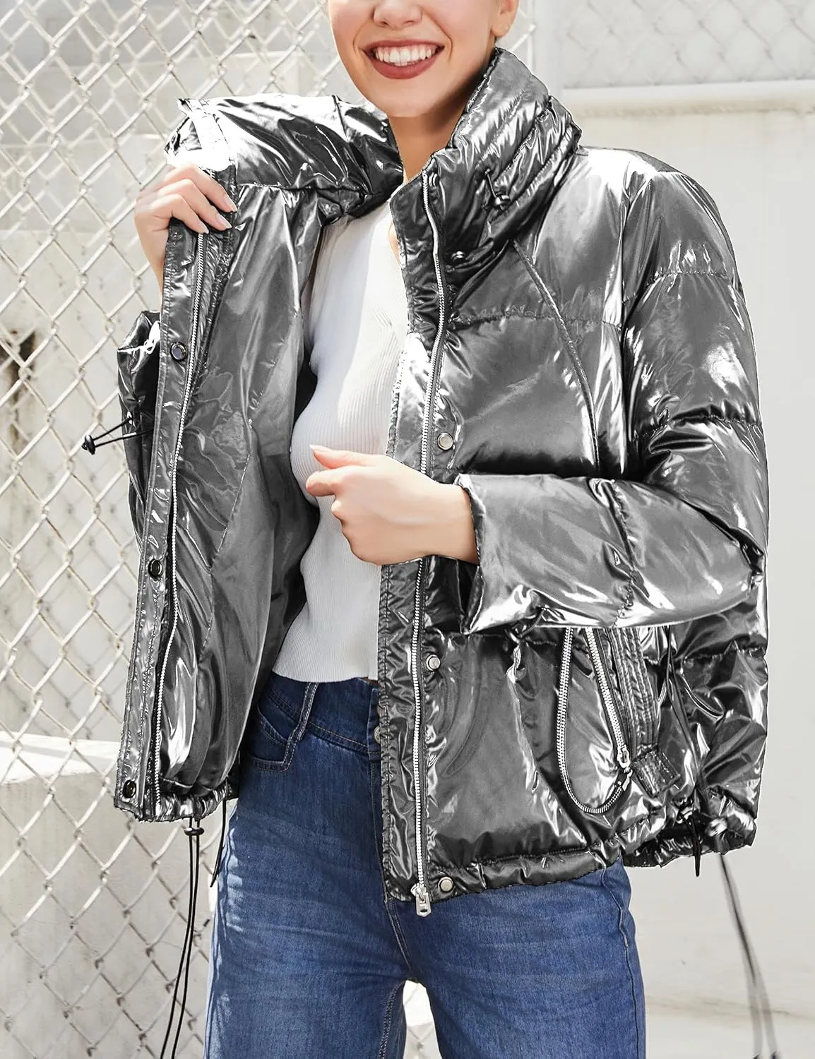 SDEER Women Zip Puffer Jacket Stand Collar Shiny Warm Winter Coat Down Jacket Lined Parka