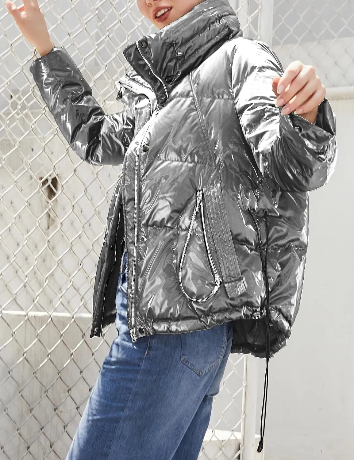 SDEER Women Zip Puffer Jacket Stand Collar Shiny Warm Winter Coat Down Jacket Lined Parka