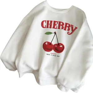 SHENHE Women's Cute Cherry Print Oversized Sweatshirt Graphic Crewneck Long Sleeve Pullover Top