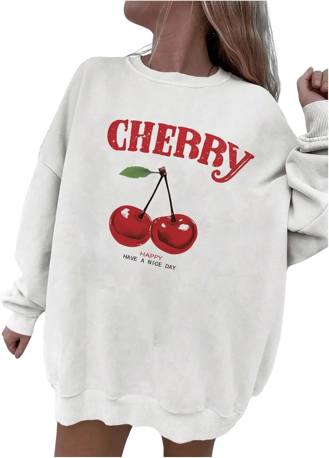 SHENHE Women's Cute Cherry Print Oversized Sweatshirt Graphic Crewneck Long Sleeve Pullover Top