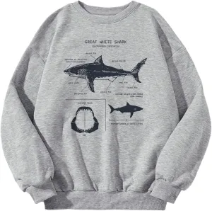 SHENHE Women's Graphic Oversized Sweatshirts Shark Print Crewneck Long Sleeve Casual Pullover Top