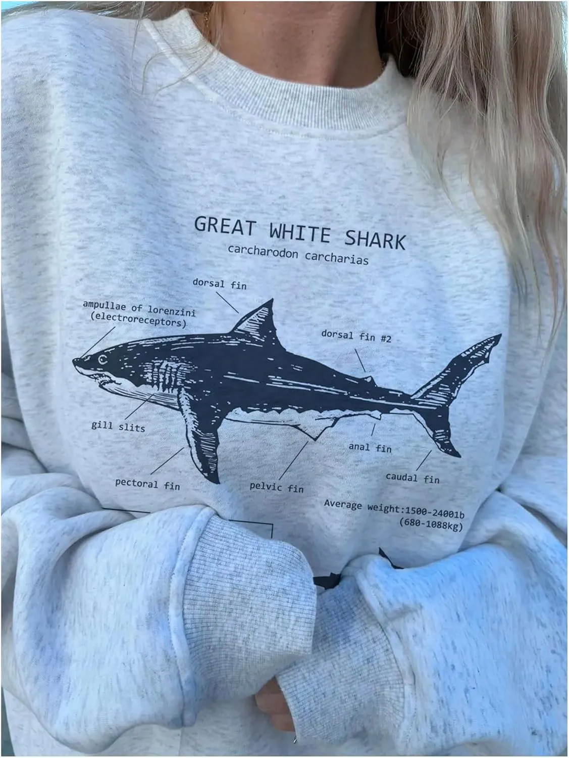 SHENHE Women's Graphic Oversized Sweatshirts Shark Print Crewneck Long Sleeve Casual Pullover Top
