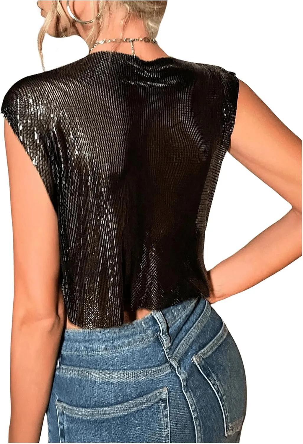 SHENHE Women's Sparkly Sexy Crop Top Metallic Sleeveless Party Club Glitter Crop Tank