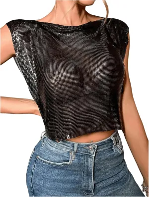 SHENHE Women's Sparkly Sexy Crop Top Metallic Sleeveless Party Club Glitter Crop Tank