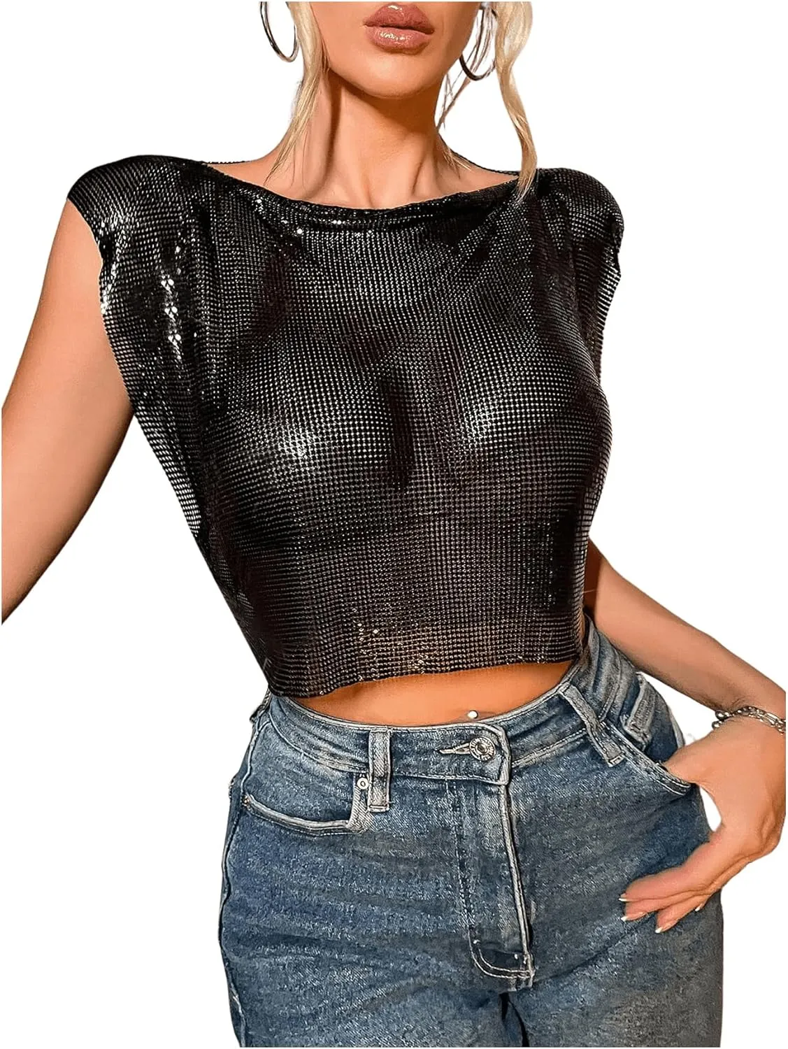 SHENHE Women's Sparkly Sexy Crop Top Metallic Sleeveless Party Club Glitter Crop Tank