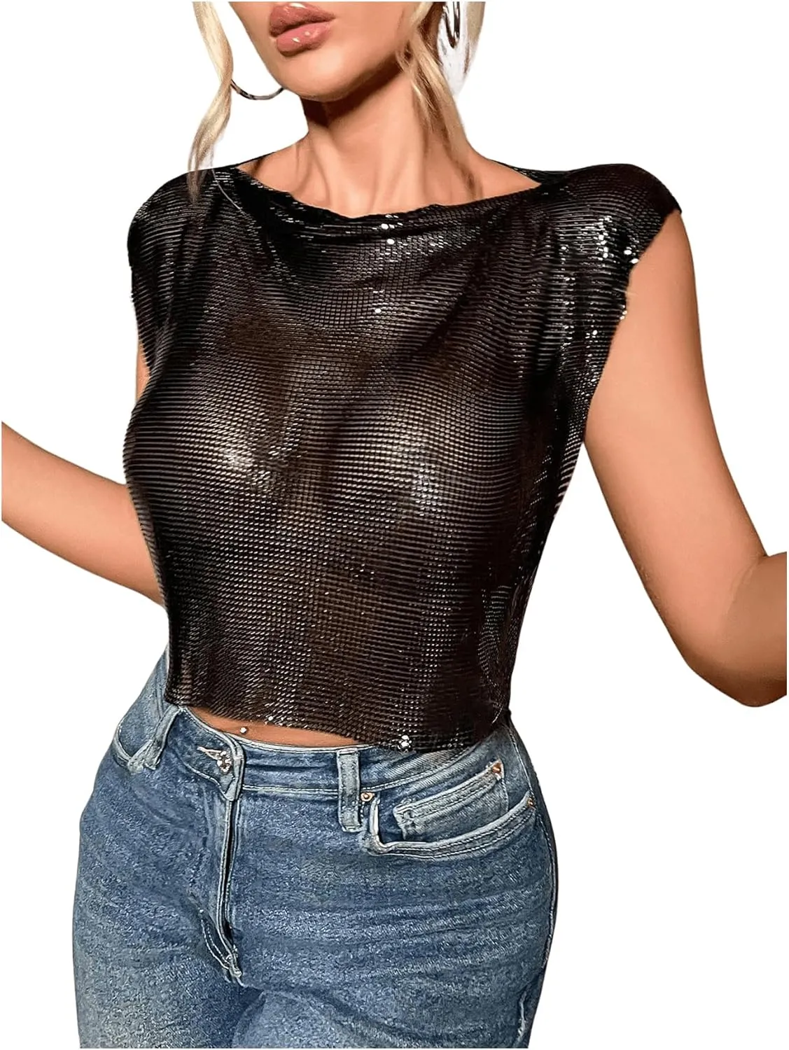 SHENHE Women's Sparkly Sexy Crop Top Metallic Sleeveless Party Club Glitter Crop Tank