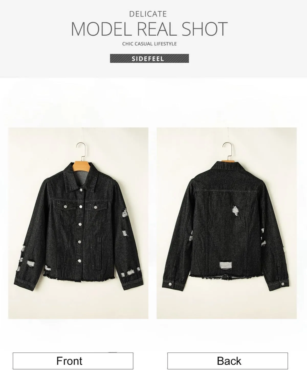 Sidefeel Women's Denim Jacket Long Sleeve Button Distressed Ripped Zimbaplatinum Jean Coat